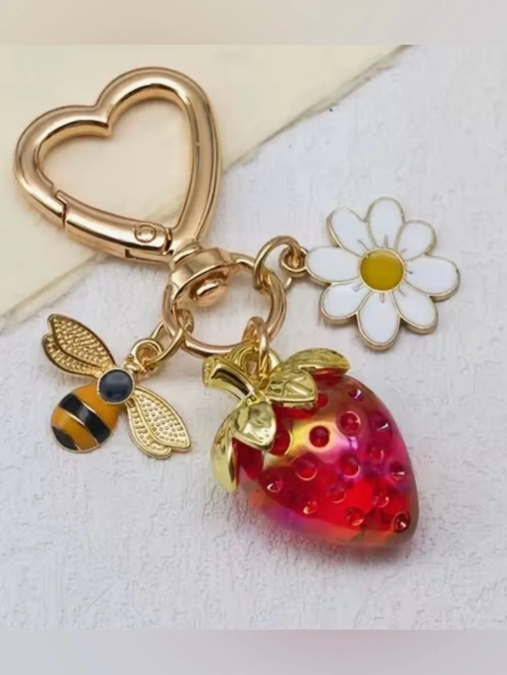 Gold Heart Keychain with Red Strawberry, Bee & White Daisy Charms